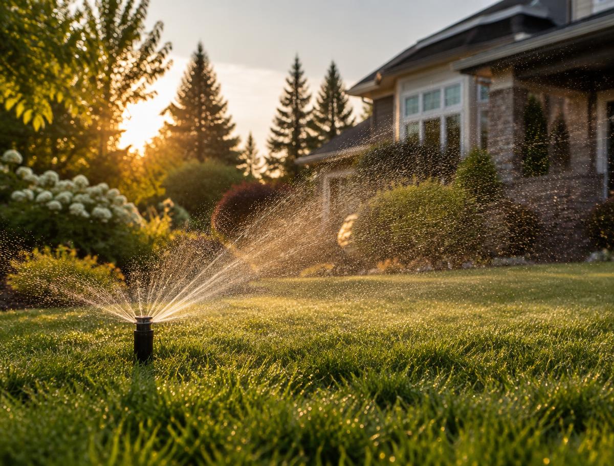A sprinkler watering a front lawn at sunset